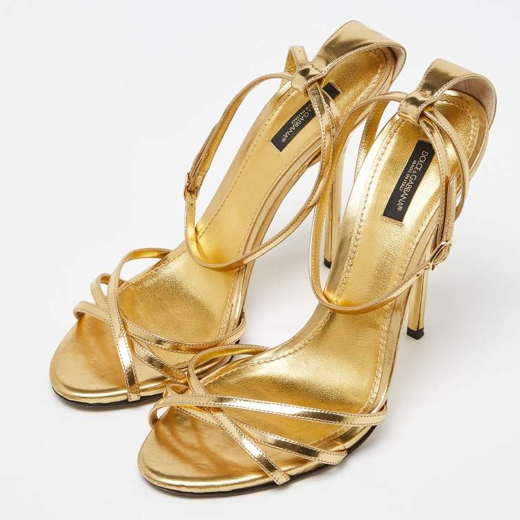 Pre Owned Dolce & Gabbana Gold Leather Ankle Strap Sandals Size 41