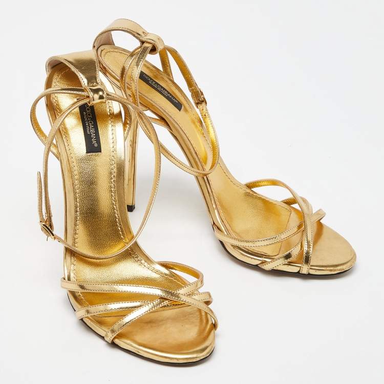 Pre Owned Dolce & Gabbana Gold Leather Ankle Strap Sandals Size 41