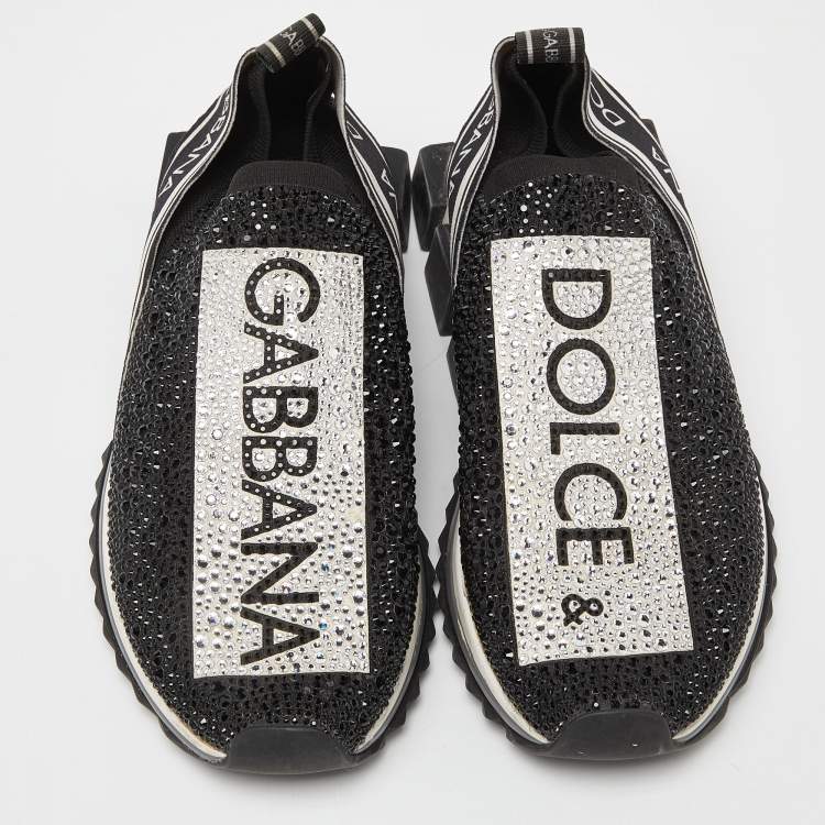 Pre Owned Dolce & Gabbana Black Knit Fabric Crystal Embellished Sorrento Sneakers Size 40