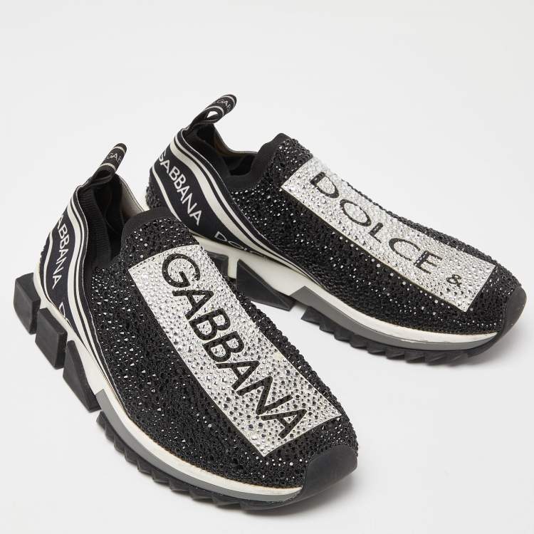 Pre Owned Dolce & Gabbana Black Knit Fabric Crystal Embellished Sorrento Sneakers Size 40