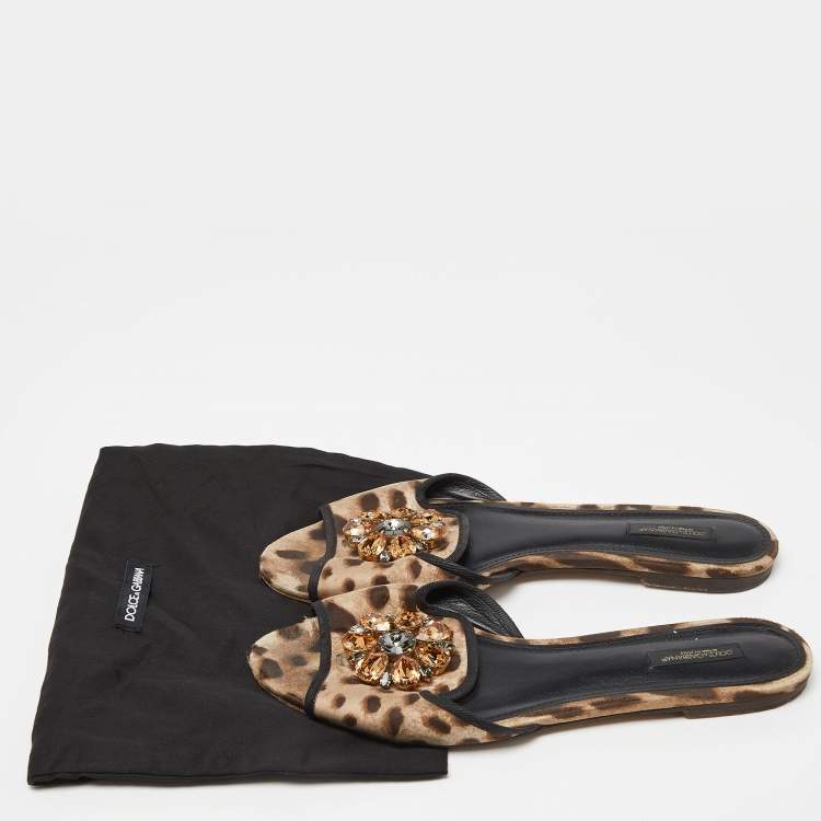 Pre Owned Dolce & Gabbana Brown/Beige Animal Print Fabric Bellucci Flat Slides Size 41