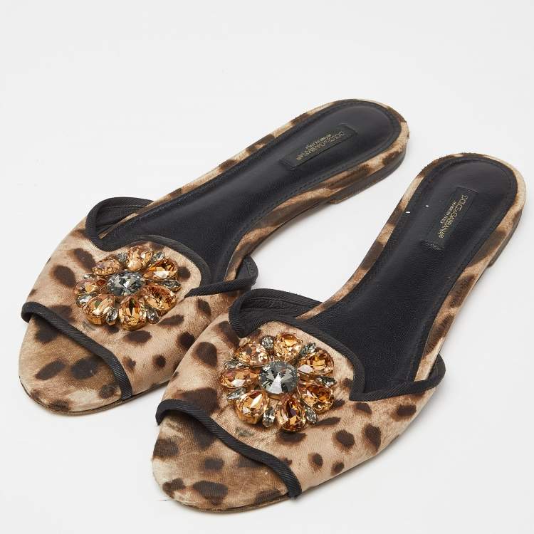 Pre Owned Dolce & Gabbana Brown/Beige Animal Print Fabric Bellucci Flat Slides Size 41