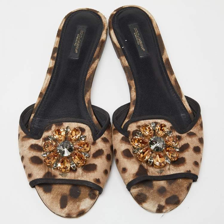 Pre Owned Dolce & Gabbana Brown/Beige Animal Print Fabric Bellucci Flat Slides Size 41