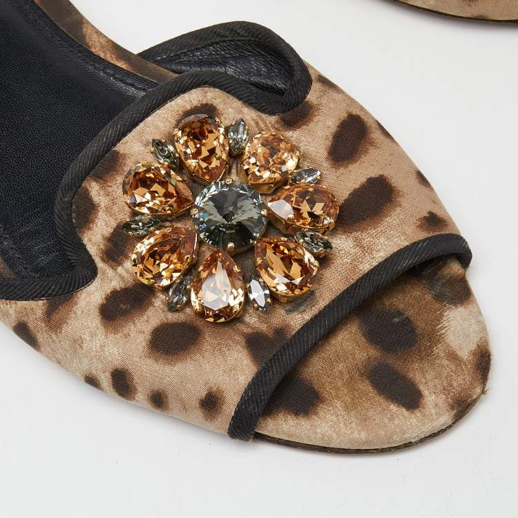 Pre Owned Dolce & Gabbana Brown/Beige Animal Print Fabric Bellucci Flat Slides Size 41