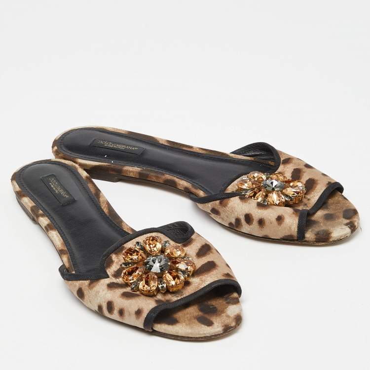 Pre Owned Dolce & Gabbana Brown/Beige Animal Print Fabric Bellucci Flat Slides Size 41
