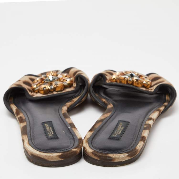 Pre Owned Dolce & Gabbana Brown/Beige Animal Print Fabric Bellucci Flat Slides Size 41