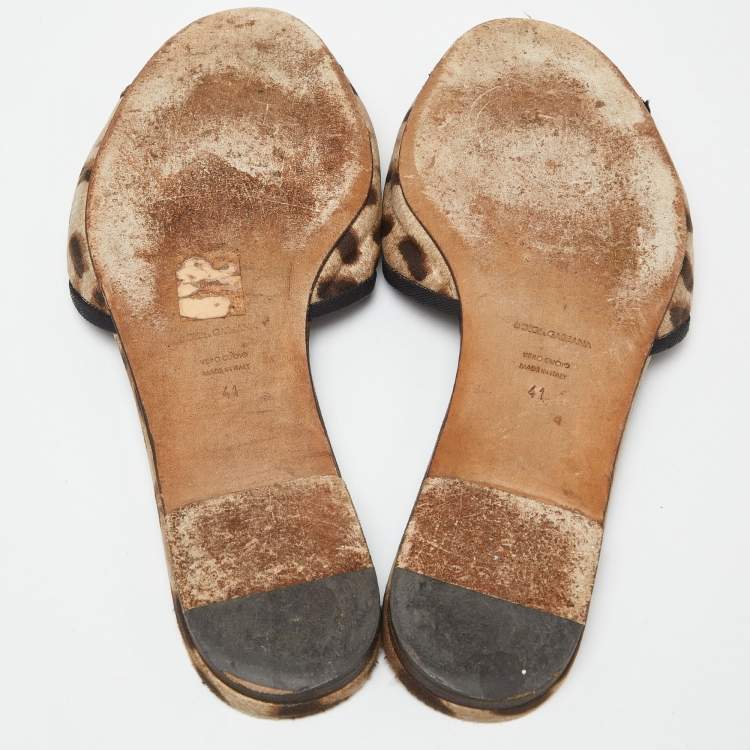 Pre Owned Dolce & Gabbana Brown/Beige Animal Print Fabric Bellucci Flat Slides Size 41
