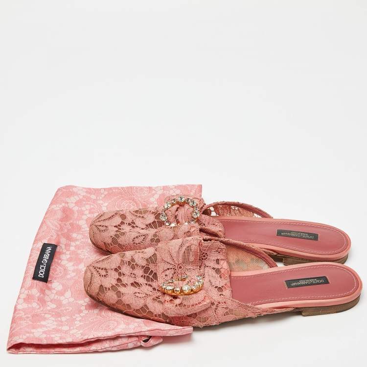 Pre Owned Dolce & Gabbana Pink Lace Crystal Embellished Flat Mules Size 41