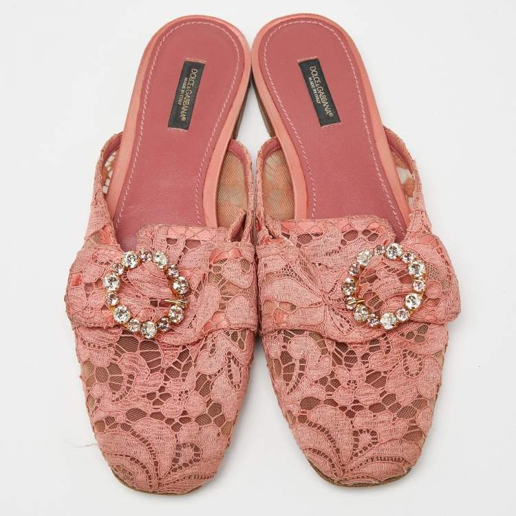Pre Owned Dolce & Gabbana Pink Lace Crystal Embellished Flat Mules Size 41