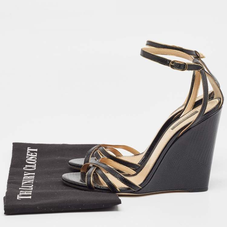 Pre Owned Dolce & Gabbana Black Lizard Embossed Leather Wedge Ankle Strap Sandals Size 40