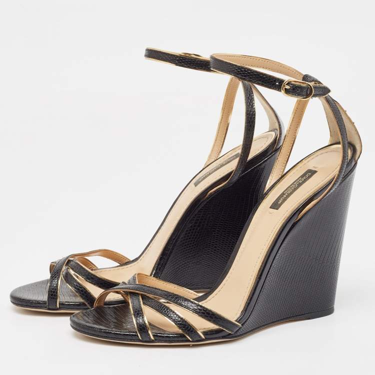 Pre Owned Dolce & Gabbana Black Lizard Embossed Leather Wedge Ankle Strap Sandals Size 40