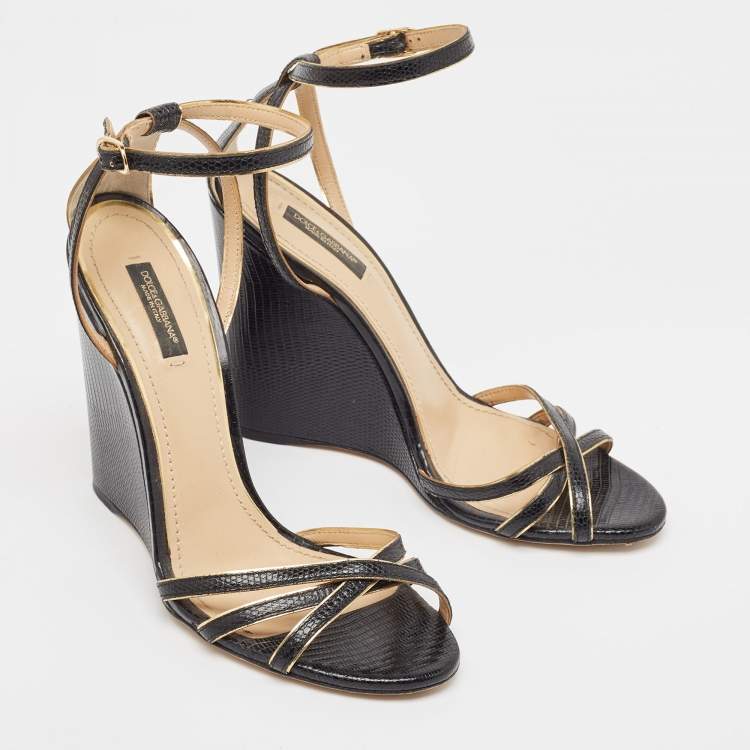 Pre Owned Dolce & Gabbana Black Lizard Embossed Leather Wedge Ankle Strap Sandals Size 40