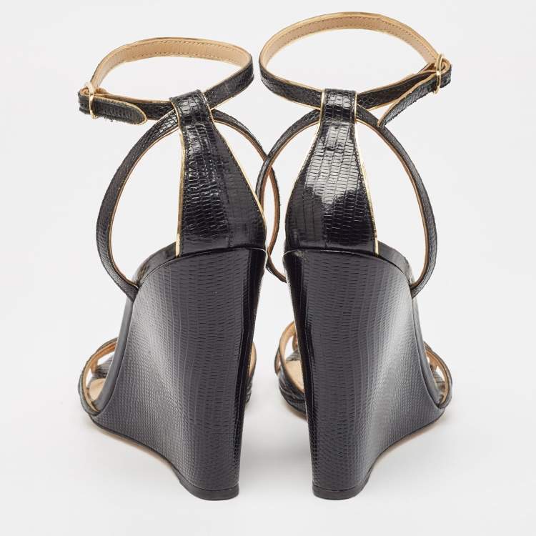 Pre Owned Dolce & Gabbana Black Lizard Embossed Leather Wedge Ankle Strap Sandals Size 40