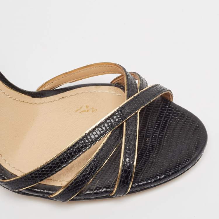 Pre Owned Dolce & Gabbana Black Lizard Embossed Leather Wedge Ankle Strap Sandals Size 40