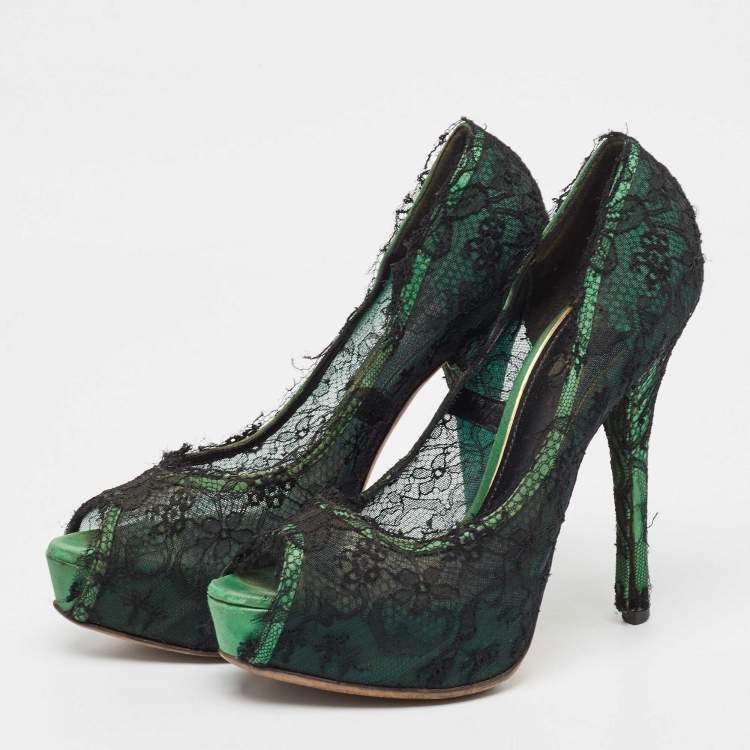 Pre Owned Dolce & Gabbana Black/Green Lace and Satin Peep Toe Platform Pumps Size 40