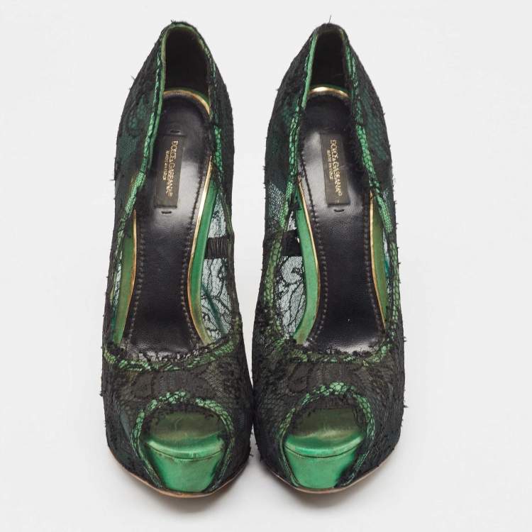 Pre Owned Dolce & Gabbana Black/Green Lace and Satin Peep Toe Platform Pumps Size 40