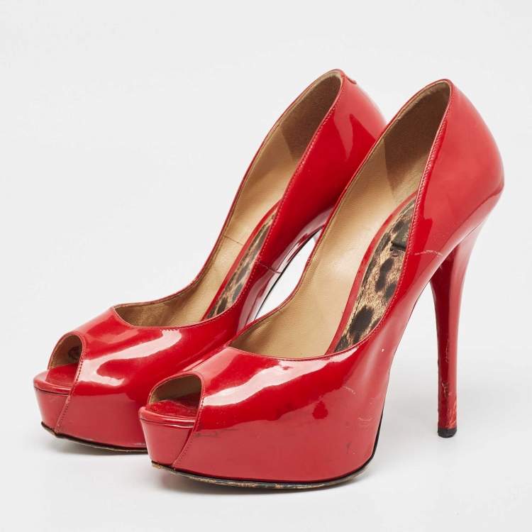 Pre Owned Dolce & Gabbana Red Patent Leather Peep Toe Platform Pumps Size 40