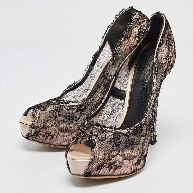 Pre Owned Dolce & Gabbana Black/Pink Lace and Satin Platform Pumps Size 41