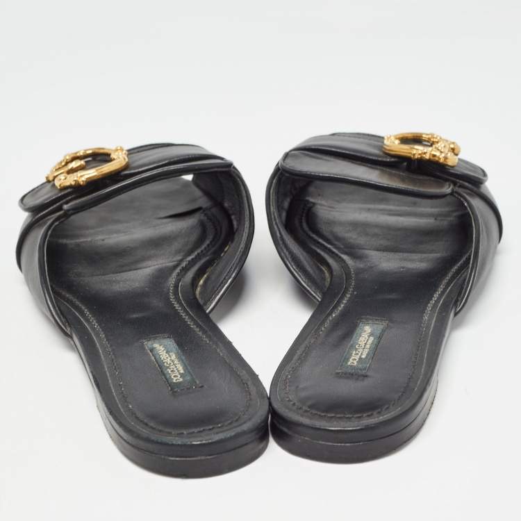 مملوكة مسبقًا Dolce & Gabbana Black Leather Devotion Flat Slides Size 42