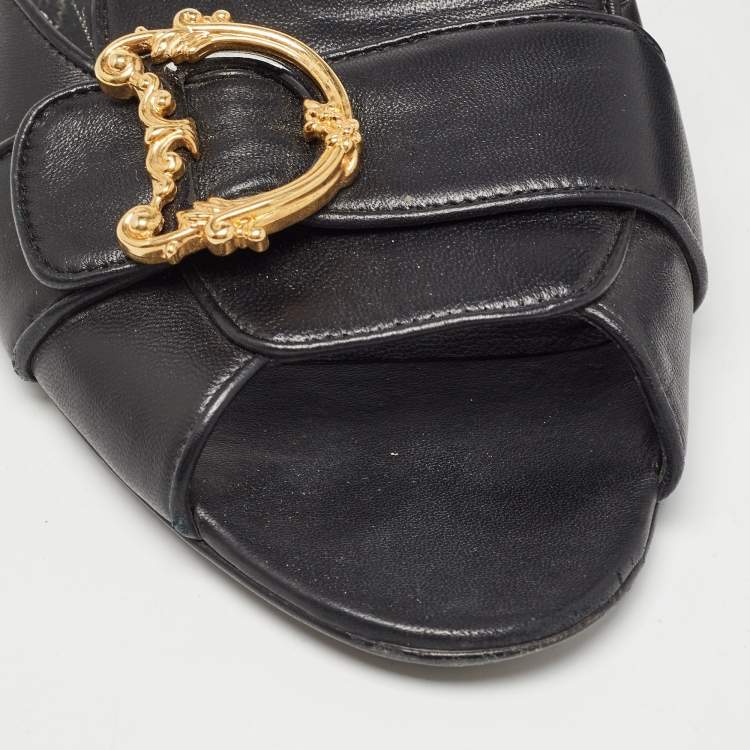 مملوكة مسبقًا Dolce & Gabbana Black Leather Devotion Flat Slides Size 42