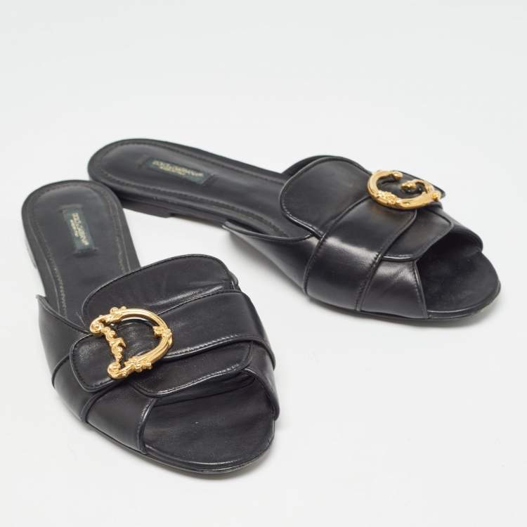 مملوكة مسبقًا Dolce & Gabbana Black Leather Devotion Flat Slides Size 42