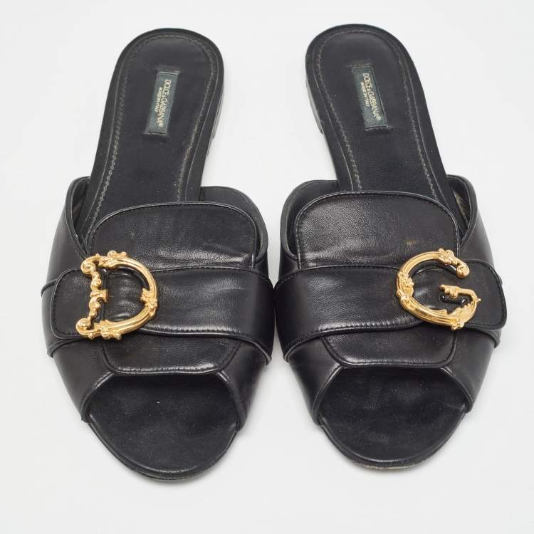 مملوكة مسبقًا Dolce & Gabbana Black Leather Devotion Flat Slides Size 42