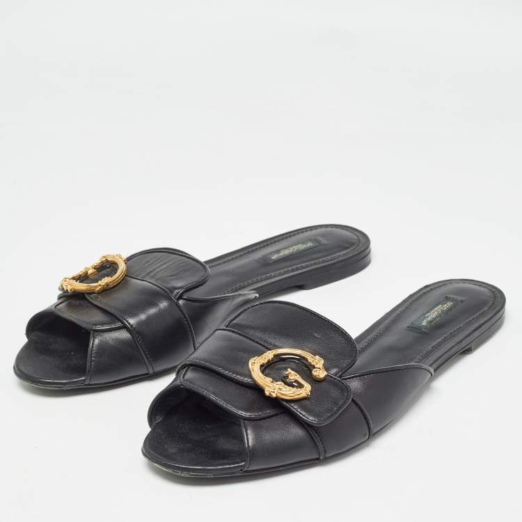 مملوكة مسبقًا Dolce & Gabbana Black Leather Devotion Flat Slides Size 42