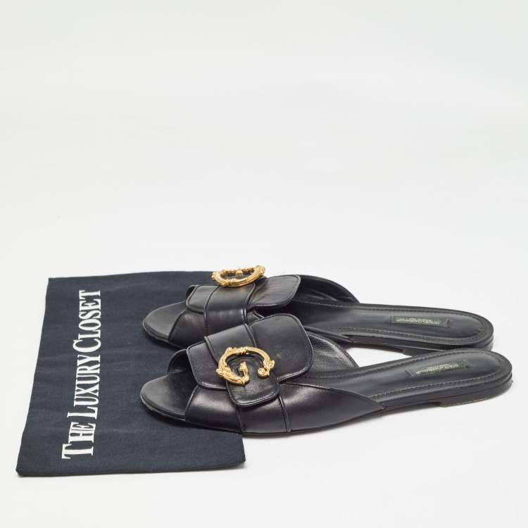 مملوكة مسبقًا Dolce & Gabbana Black Leather Devotion Flat Slides Size 42