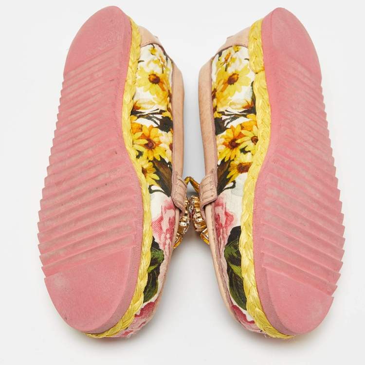 Pre Owned Dolce & Gabbana Multicolor Brocade Fabric and Leather Crystal Embellished Espadrille Loafers Size 37