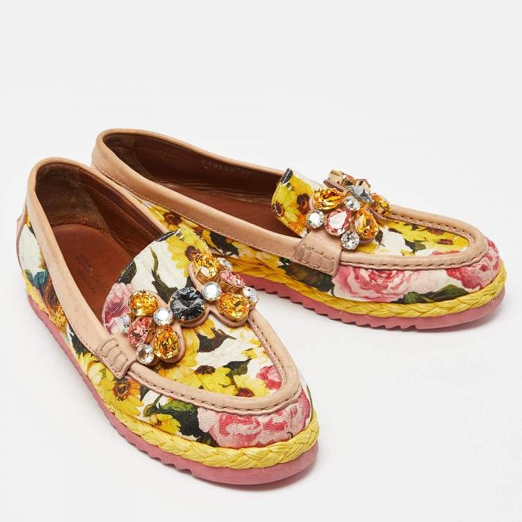 Pre Owned Dolce & Gabbana Multicolor Brocade Fabric and Leather Crystal Embellished Espadrille Loafers Size 37