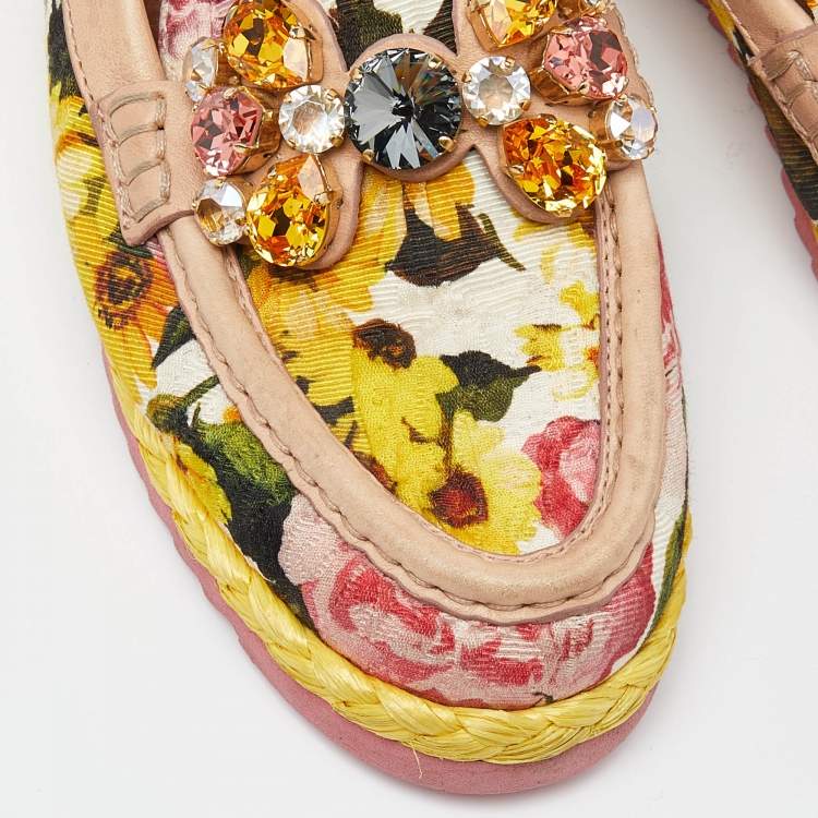 Pre Owned Dolce & Gabbana Multicolor Brocade Fabric and Leather Crystal Embellished Espadrille Loafers Size 37