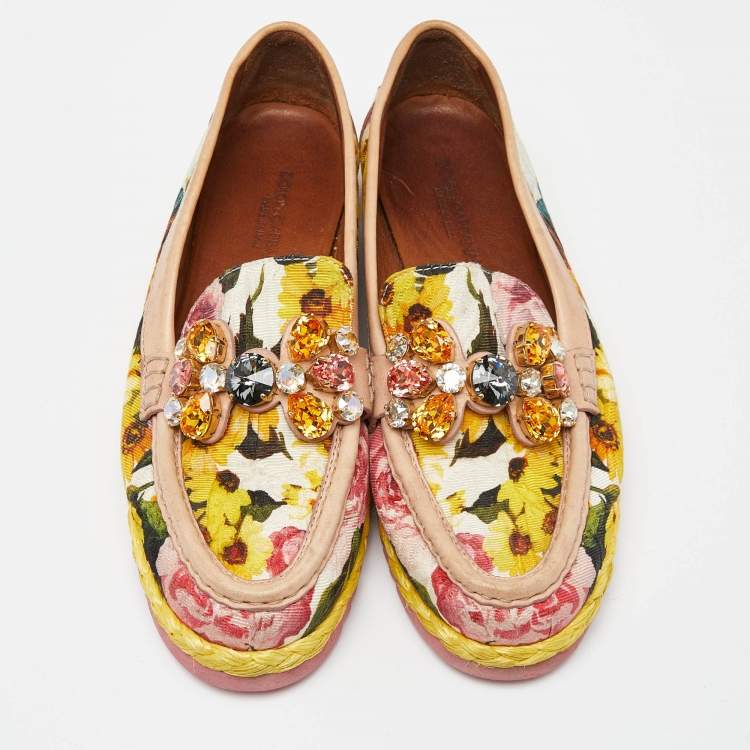 Pre Owned Dolce & Gabbana Multicolor Brocade Fabric and Leather Crystal Embellished Espadrille Loafers Size 37