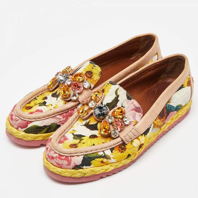 Pre Owned Dolce & Gabbana Multicolor Brocade Fabric and Leather Crystal Embellished Espadrille Loafers Size 37