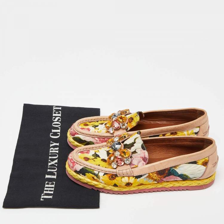 Pre Owned Dolce & Gabbana Multicolor Brocade Fabric and Leather Crystal Embellished Espadrille Loafers Size 37
