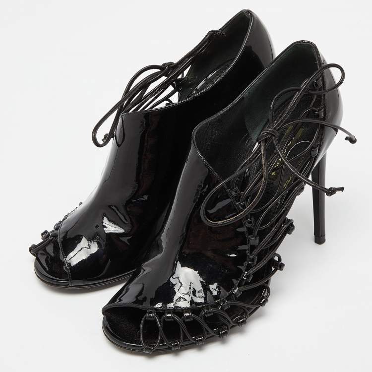 Pre Owned Dolce & Gabbana Black Patent Leather Strappy Booties Size 38.5