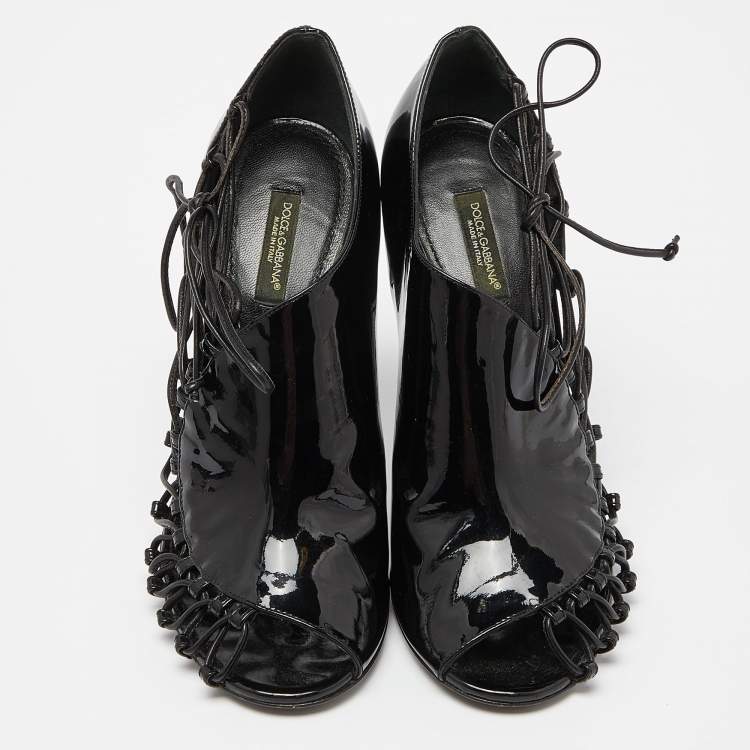 Pre Owned Dolce & Gabbana Black Patent Leather Strappy Booties Size 38.5
