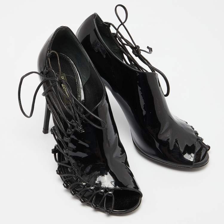 Pre Owned Dolce & Gabbana Black Patent Leather Strappy Booties Size 38.5