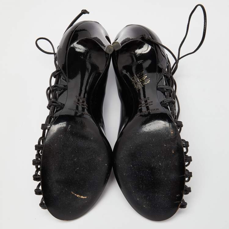 Pre Owned Dolce & Gabbana Black Patent Leather Strappy Booties Size 38.5