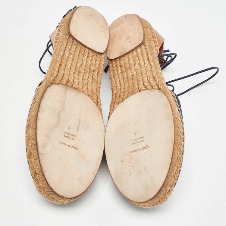 Pre Owned Dolce & Gabbana Blue/Brown Denim and Leather Espadrille Flats Size 40