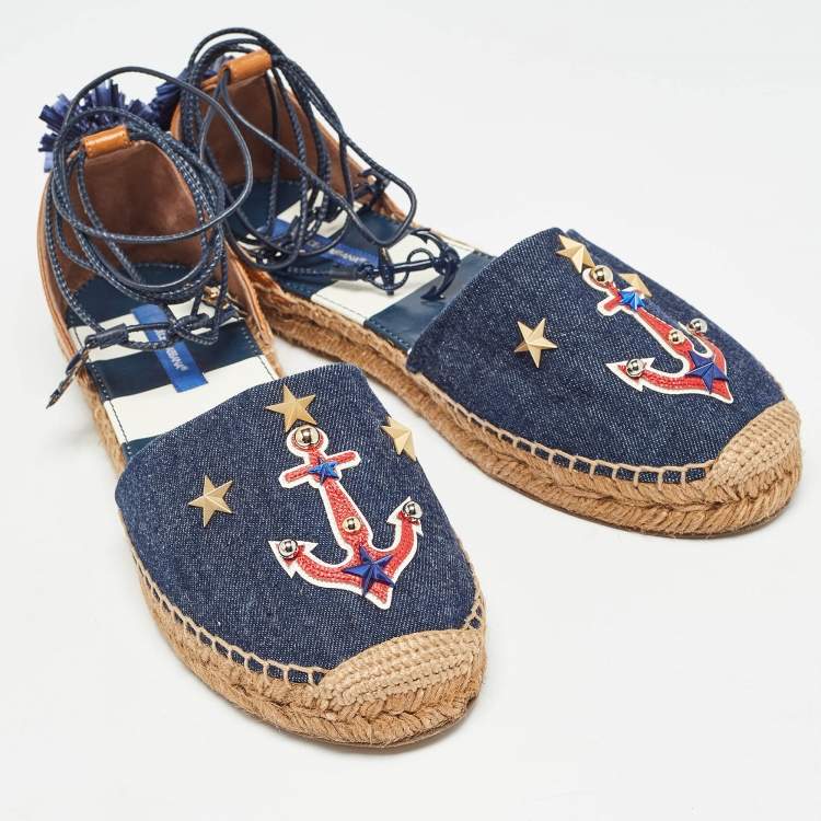 Pre Owned Dolce & Gabbana Blue/Brown Denim and Leather Espadrille Flats Size 40