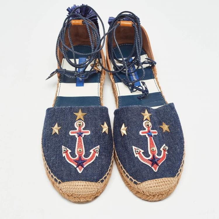 Pre Owned Dolce & Gabbana Blue/Brown Denim and Leather Espadrille Flats Size 40