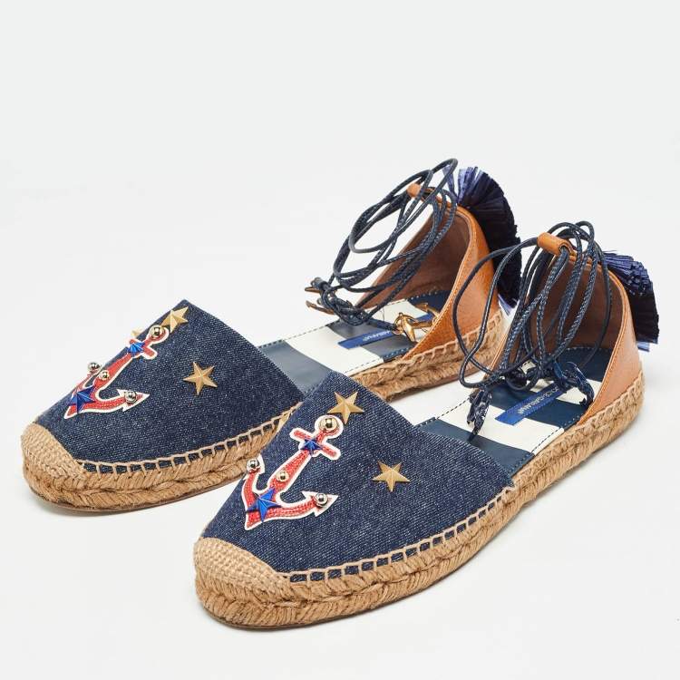 Pre Owned Dolce & Gabbana Blue/Brown Denim and Leather Espadrille Flats Size 40
