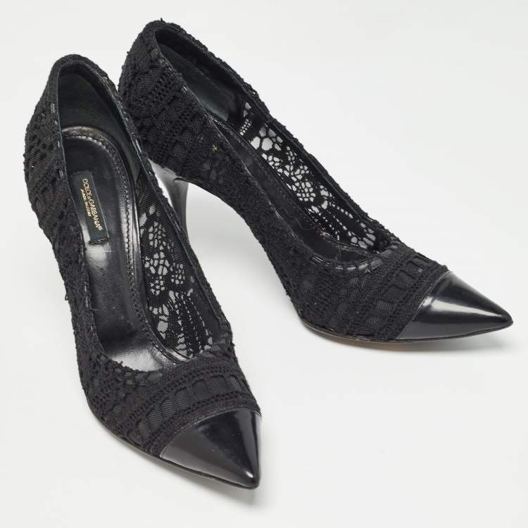 مملوكة مسبقًا Dolce & Gabbana Black Lace And Leather Crochet Pointed Toe Pumps Size 39
