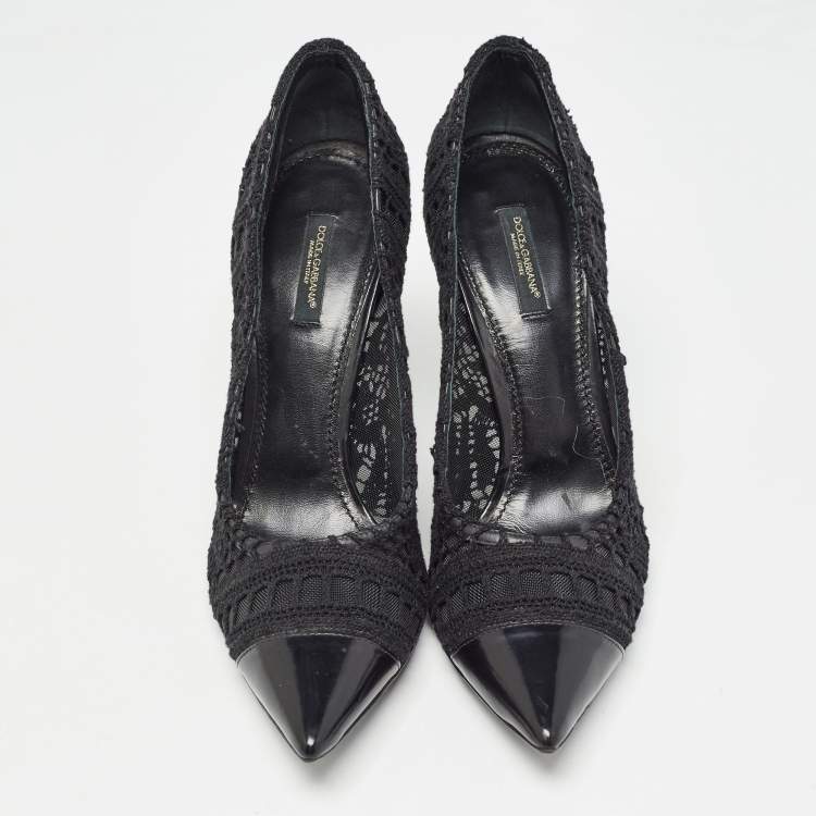 مملوكة مسبقًا Dolce & Gabbana Black Lace And Leather Crochet Pointed Toe Pumps Size 39