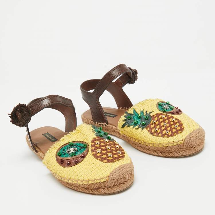 Pre Owned Dolce & Gabbana Brown/Yellow Raffia and Leather Pineapple Kiwi Patch Espadrille Sandals Size 40