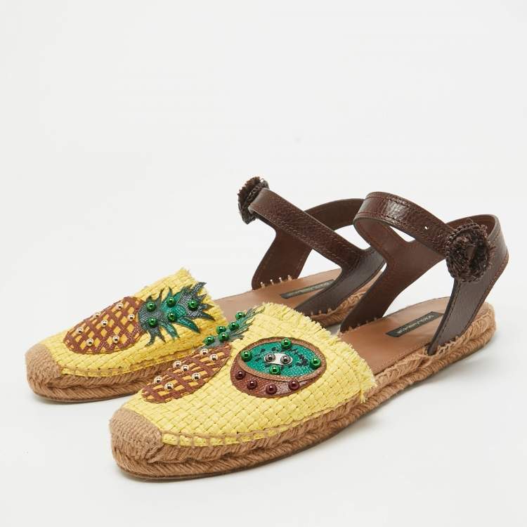 Pre Owned Dolce & Gabbana Brown/Yellow Raffia and Leather Pineapple Kiwi Patch Espadrille Sandals Size 40