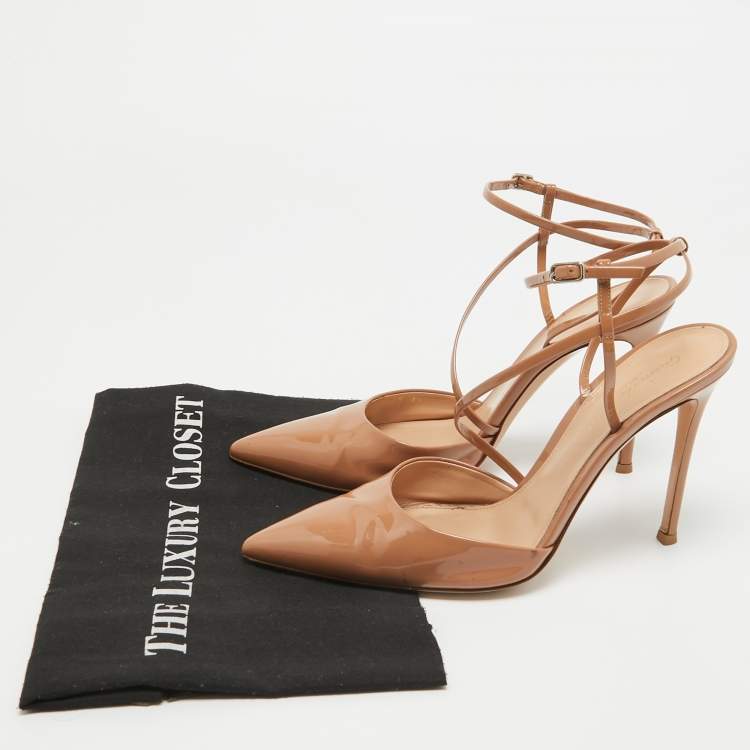 Pre Owned Gianvito Rossi Beige Patent Leather Ankle Strap Pumps Size 39.5