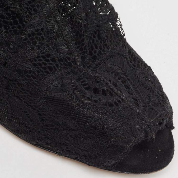 Pre Owned Dolce & Gabbana Black Lace Peep Toe Ankle Booties Size 37