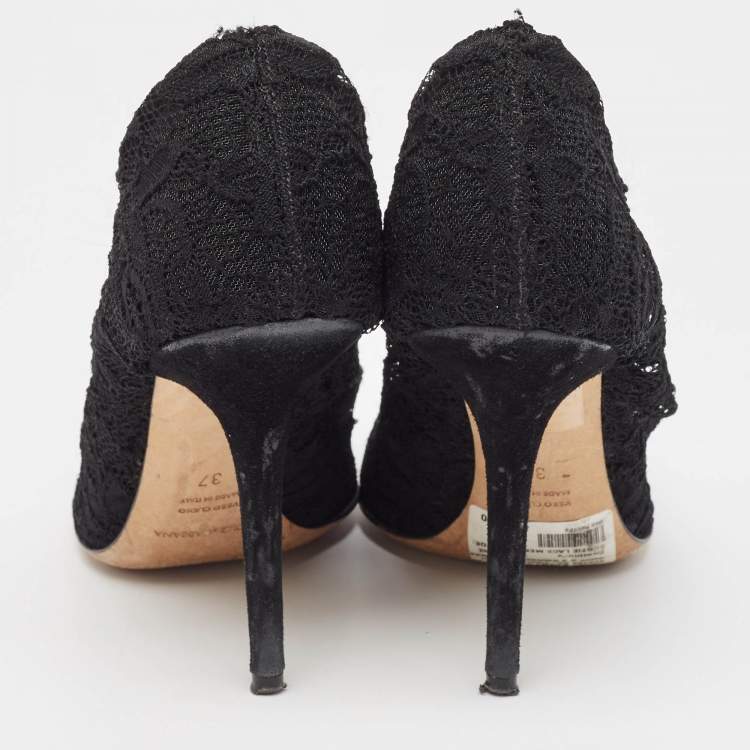 Pre Owned Dolce & Gabbana Black Lace Peep Toe Ankle Booties Size 37