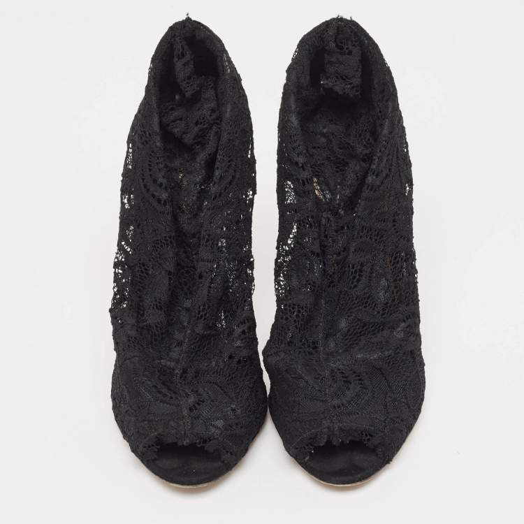 Pre Owned Dolce & Gabbana Black Lace Peep Toe Ankle Booties Size 37